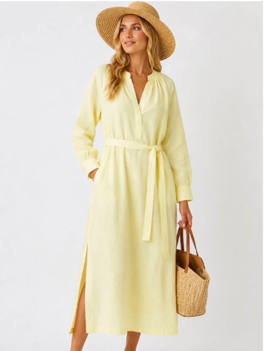 Petite linen long sleeve maxi dress with matching slip
